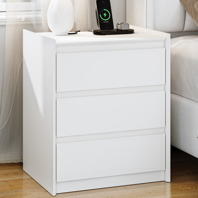 Modern Minimalist Nightstand with 3 Drawers & Hidden Charging Station, Black or White