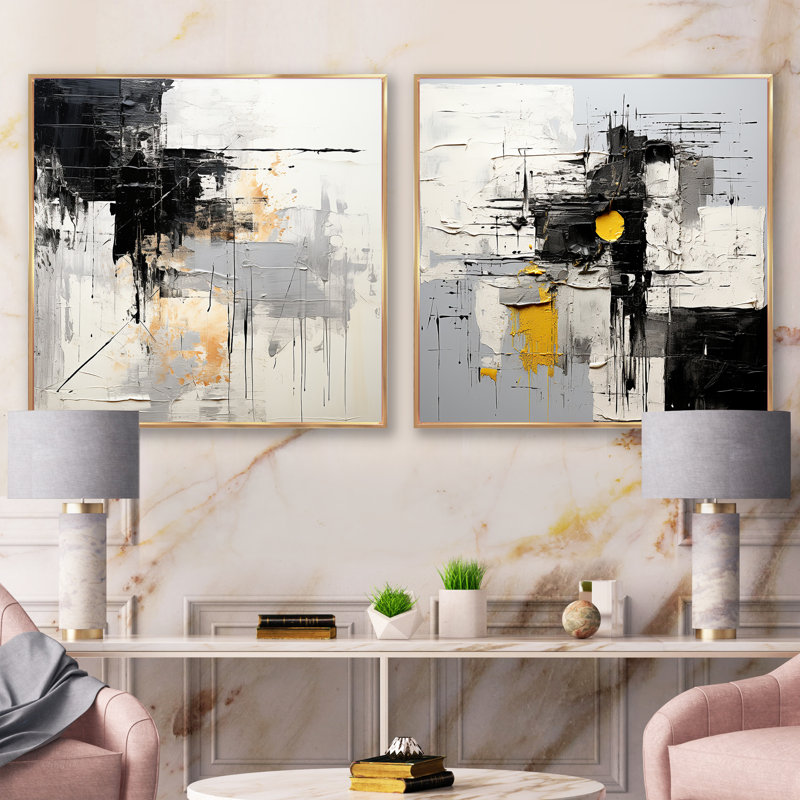 Beige et noir Divine Simplicity - ensemble de 2 collages carrés de peinture abstraite, Cadre flottant doré, H 16 po x l 33 po