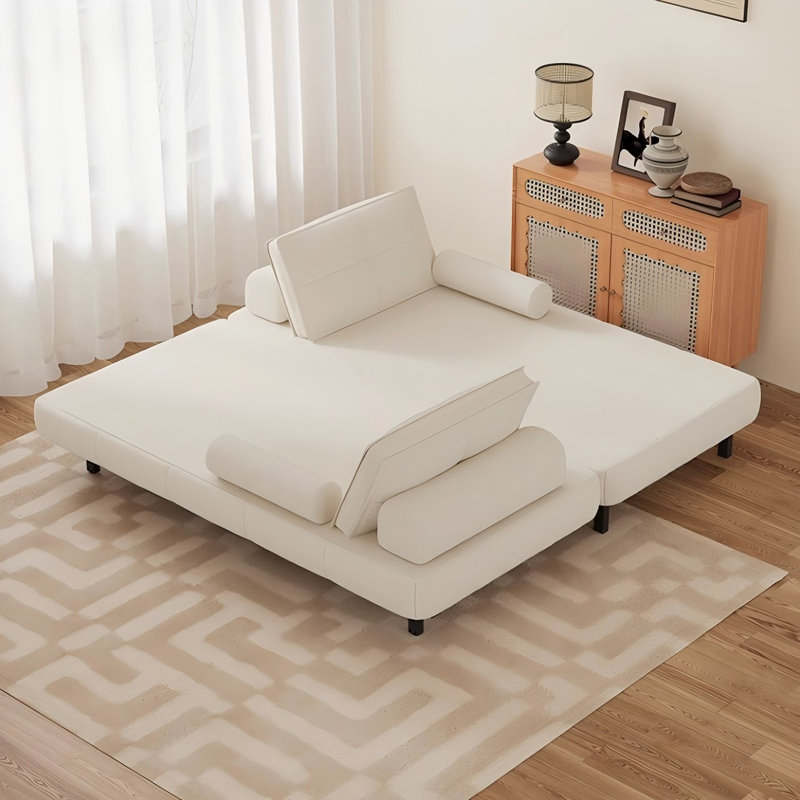 Cream Modern Minimalist Leather Sofa Bed with Cushions, 14.96" H x 70.87" W x 37.40" D
