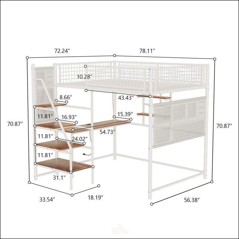 Full Size Loft Metal Bed With White