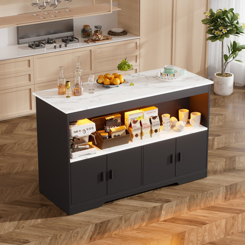 43'' Modern Kitchen Island With Storage,island Table With Led Lights & Cabinet For Kitchen