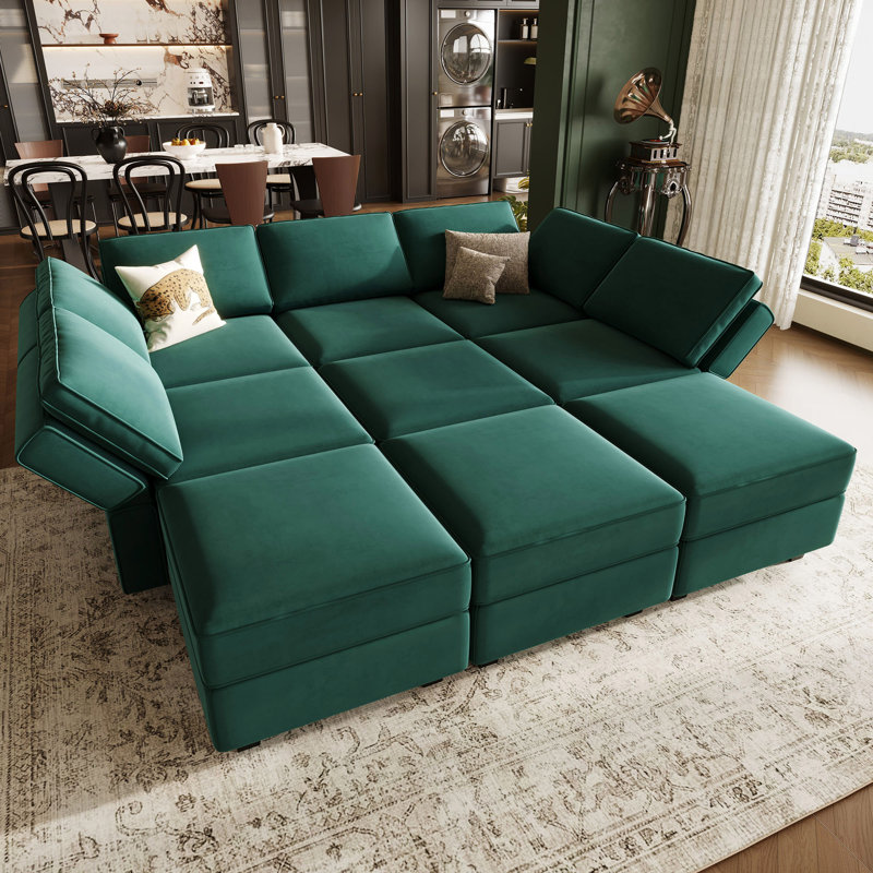 Neemi Upholstered Sectional, Green Velvet