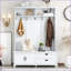Arbre d'entrée, organisateur de vestibule blanc moderne avec 5 crochets à manteau, 2 tiroirs, armoire et amp; Banc Widen | Blanc | Panneau de particules-933119527