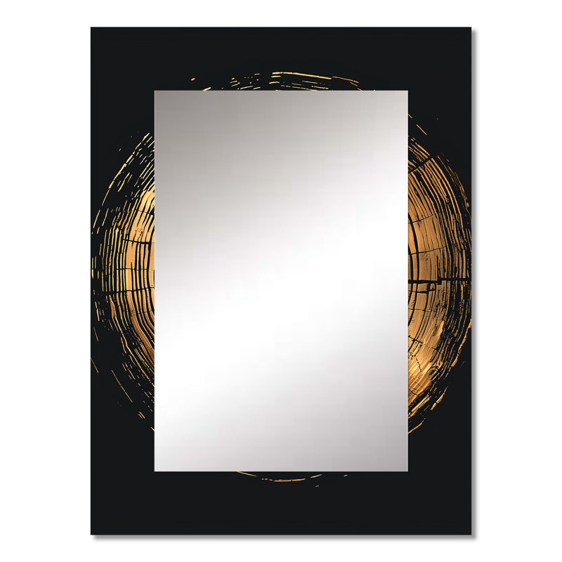 Abstrait noir et doré de l'anneau d'arbre II - miroir mural décoratif en bois, grand miroir traditionnel, impression d'art en métal