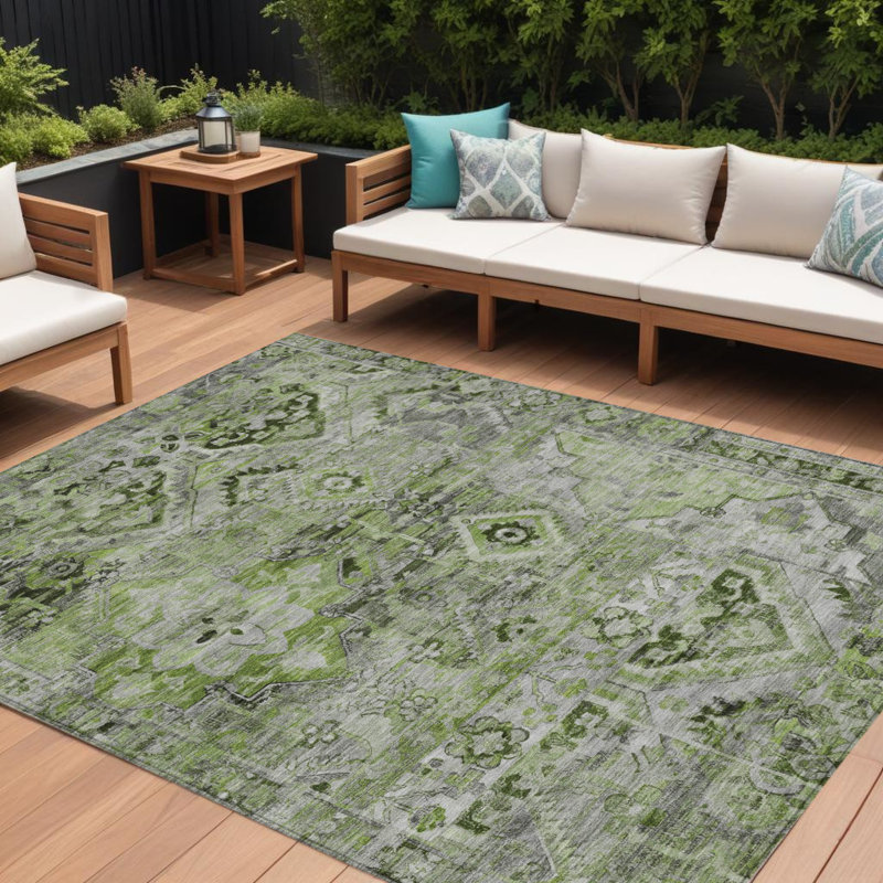 Tapis intérieur / extérieur 8 pi x 10 pi vert et gris à motif floral articulé lavable