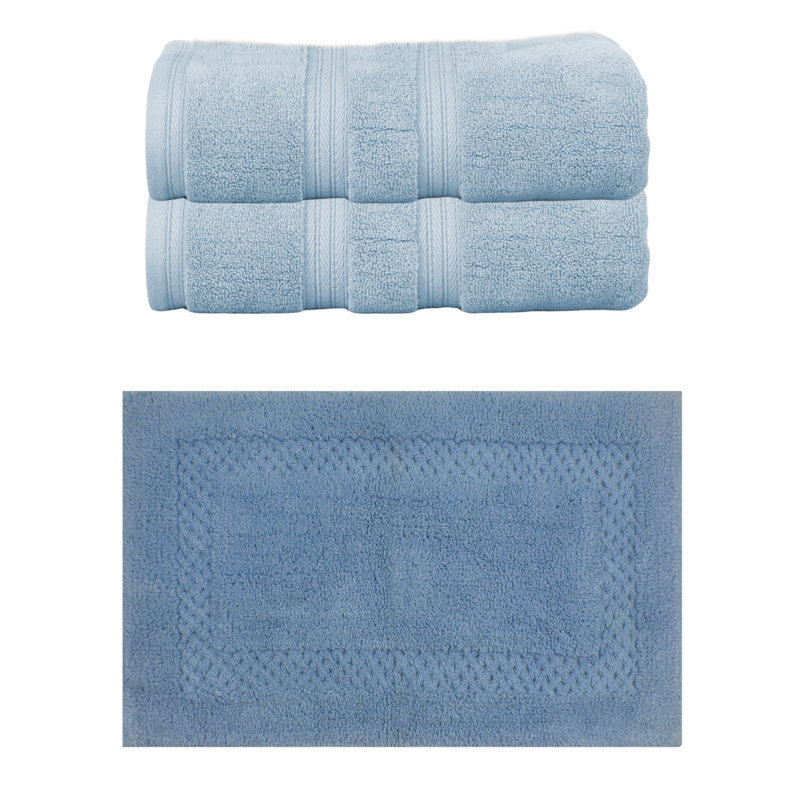 Bublitz Classy Bath Mat 100% Soft Cotton Bath Towel Set & Bath Rug, 2 Piece Bath Towel Set & 1 Piece 21"x34" Bath Rug, Blue