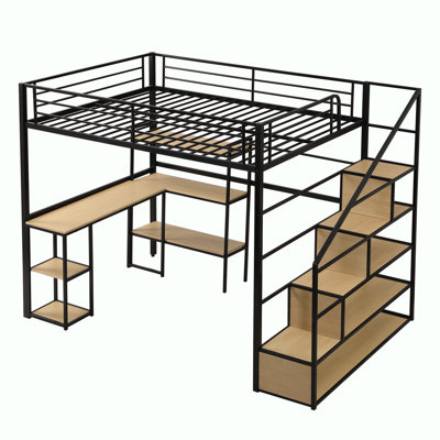Aristeo Metal Bedwith Staircase, Built-in Desk and Storage Shelves