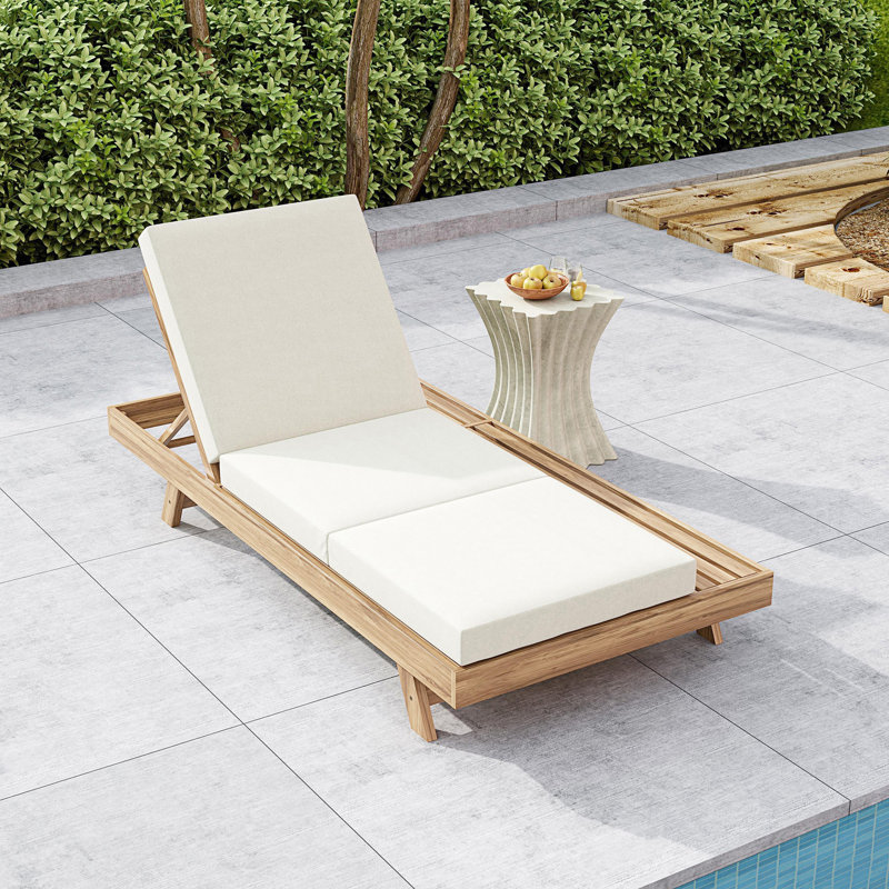 Chaise longue avec coussin triple pliable, espace disponible d'un côté, Teck clair, Crème