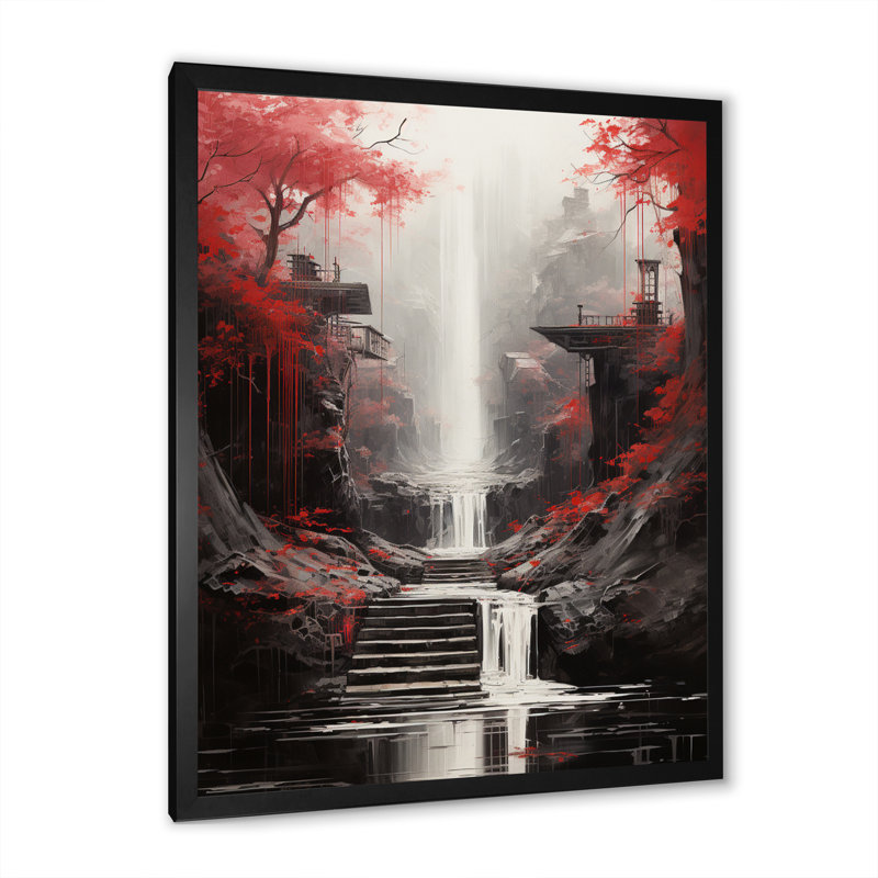 «Red Tree Endless Waterfall Journey», art sur toile, H 40 po x l 30 po x P 1,5 po, Cadre simple noir