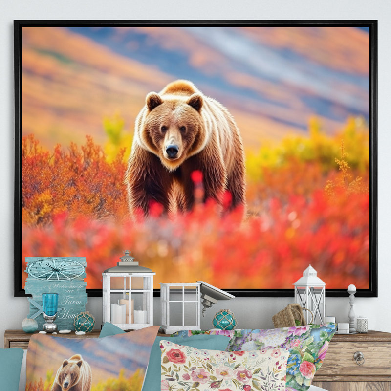 Grizzly en Alaska, paysage I - art mural Alaska, H 24 po x l 32 po x P 1 po, Cadre flottant noir