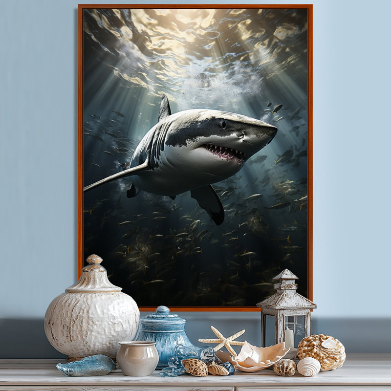 Grand requin gris, la majesté - animaux marins, art mural, H 40 po x l 30 po x P 1,5 po, Cadre simple noir