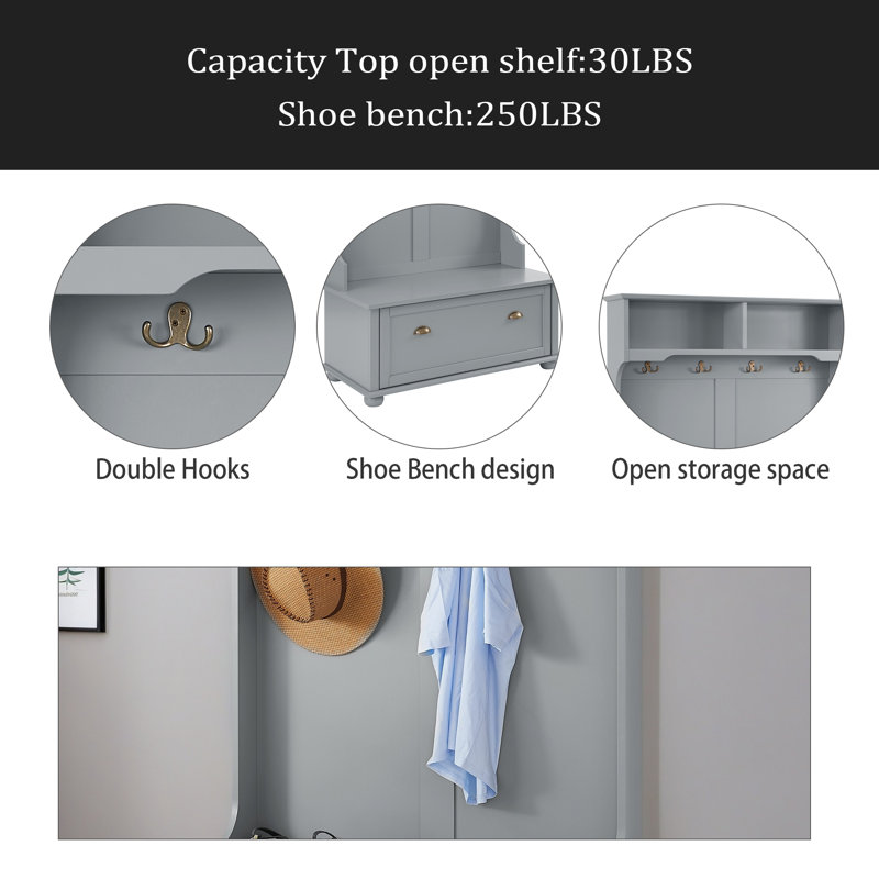 Modern Classic Hall Tree With Shoe Rack Bench And Coat Hooks For Hanging Storage, Entryway Bench With Open Shelves And Shoe Cabinets 40.16"W*18.58"D*64.17"H