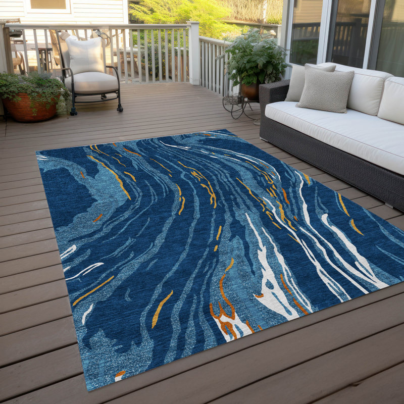 Navy and Orange Flat Woven Synthetic Washable Rug 3' x 5'