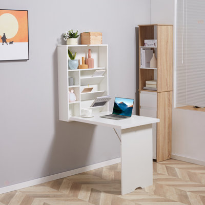 Wall Mounted Fold Out Convertible Desk, Multi-Function Floating Desk With Storage Shelf For Home Office