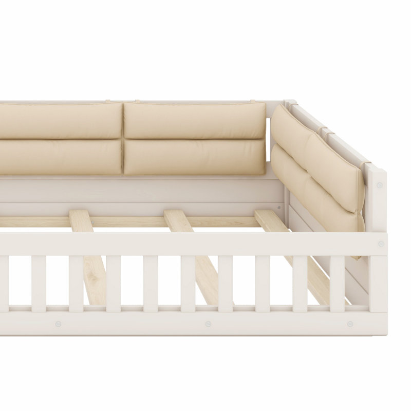 Lit plateforme tapissier avec garde-corps et coussin, Beige