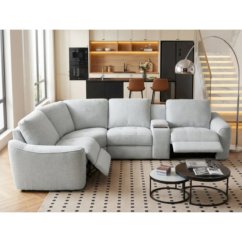 Luxurious 5-Piece Electric Power Reclining Sectional Sofa With Hidden Storage & Wireless Charging, Light Gray Polyester Blend