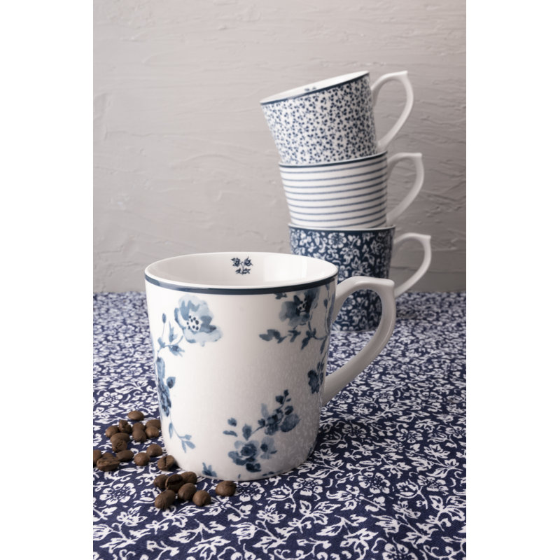 Set of 4 Blue and White Ceramic Floral Mugs