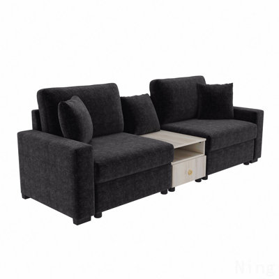 Modern Sofa Couch 95.7" Modular Sofa Upholstered Sofa Couch With Storage Armrest And Center Console For Living Room, Black