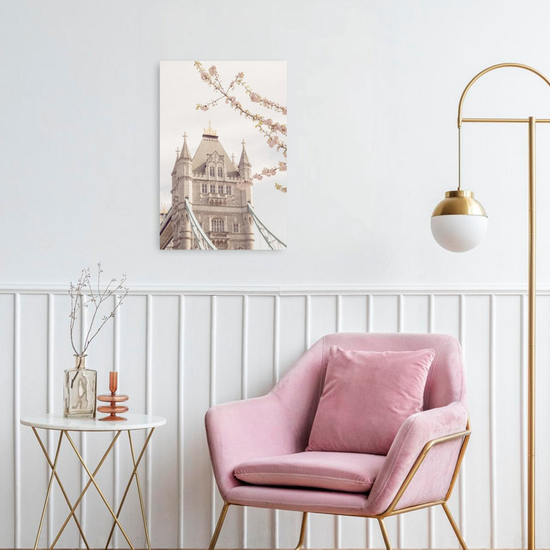Tower Bridge Spring Blossoms Dreamy Elegant Romantic Cherry Architecture City Wall Art Print 1 Piece Wrapped Canvas Wall Art