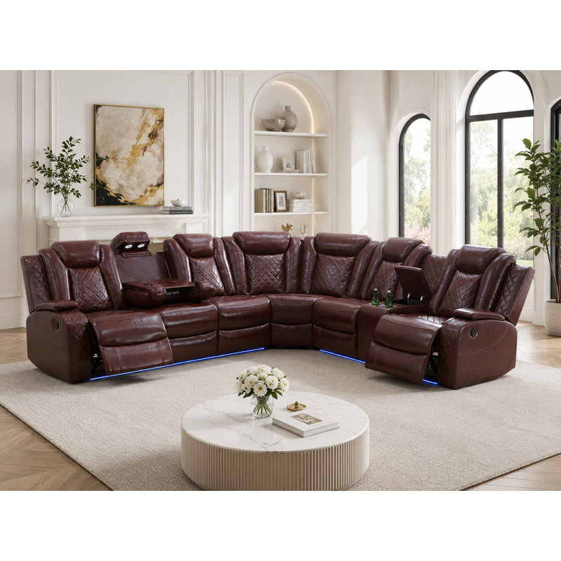 3-Pieces 210" Breathing Leather Power Reclining Theater Sectional with Wireless Chargers and LED Lighting, Red