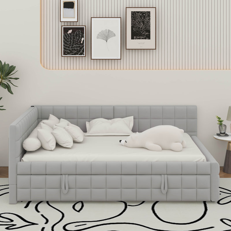 Lit de jour rembourré en L pleine grandeur avec lit gigogne escamotable double et ports USB, Gris