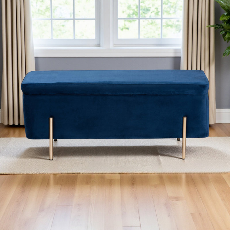 Zaya Velvet Fabric Upholstered Storage Bench, Gold Finish Metal Legs, 17.47" H X 43.02" W X 15.4" D, Blue