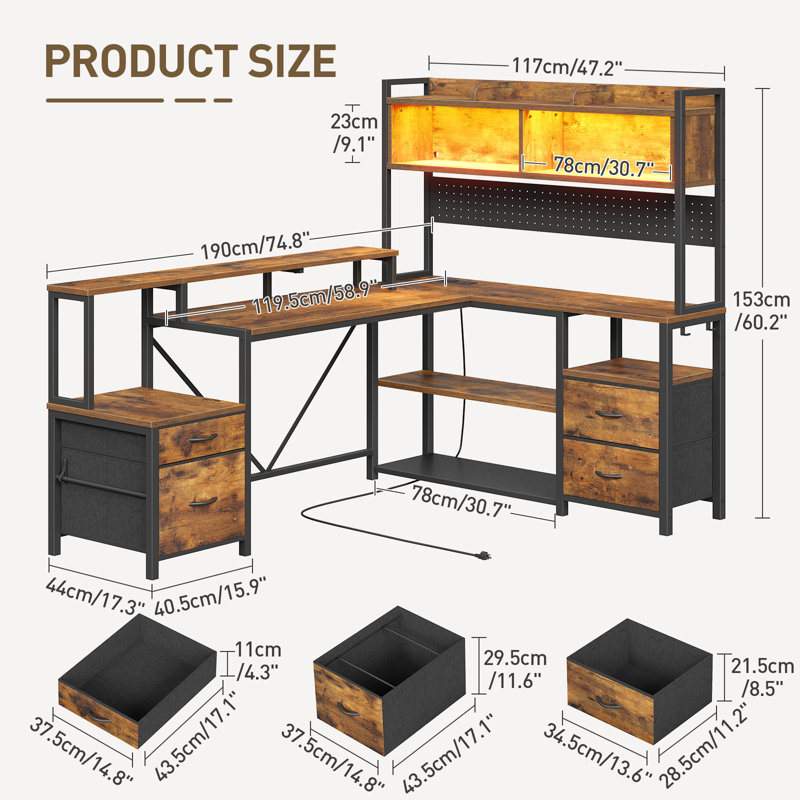 75" L-Shaped Computer Desk Desk with Hutch and Power Outlets, Corner Desk with Monitor Stand and Storage, Rustic Brown