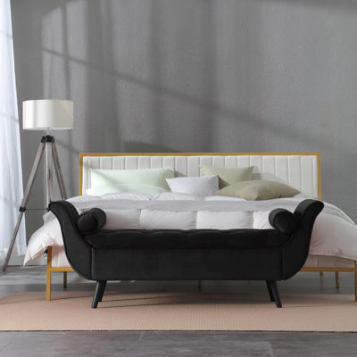 Banc long capitonné rétro, repose-pieds de rangement rembourré en velours au design rétro classique, repose-pieds moderne de style Mid-Century pour le salon, la chambre à coucher et le vestibule, 65 po
