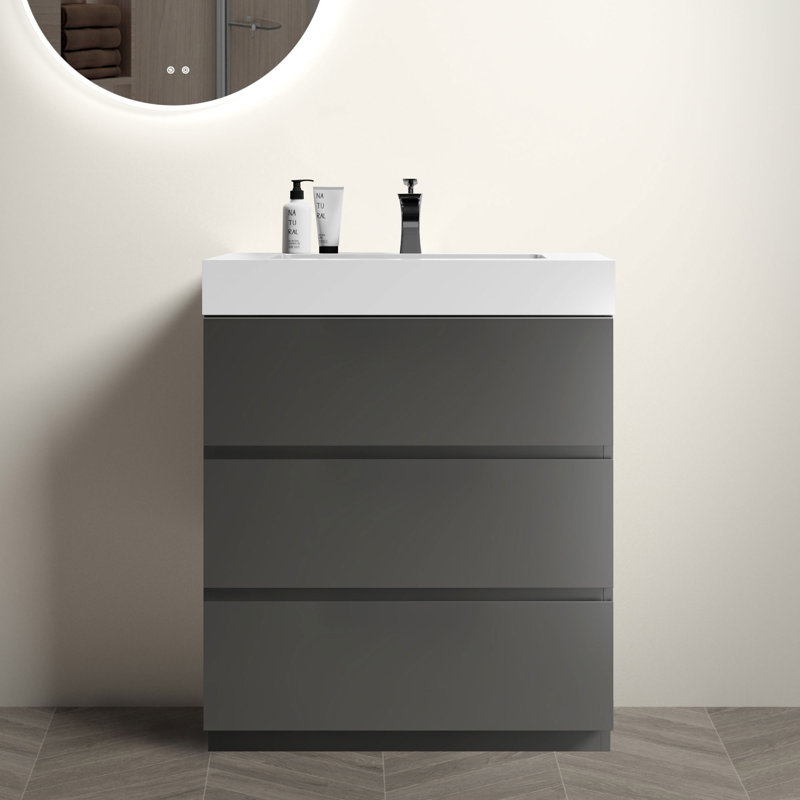 Meuble-lavabo sur pied simple 30,09 po avec plateau en bois manufacturé Dav, Blanc, gris