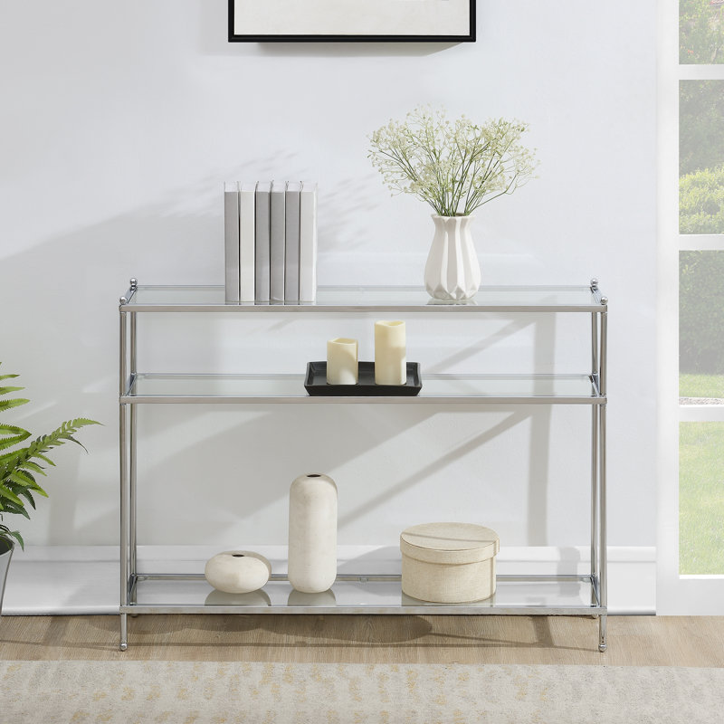 Carolina Console Table with Shelves, Silver/Clear, 30" H x 42" W x 9.5" D