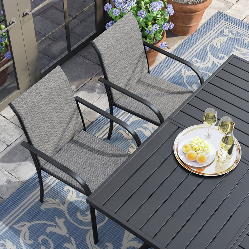 8-Person Square Patio Dining Set With Stackable PVC-coated polyester Chairs, Black/Gray