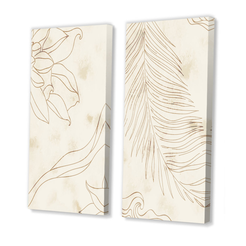 Ensemble de 2 impressions graphiques - ligne de feuilles beige minimaliste botanique I, Toile tendue