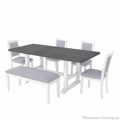 6-Piece Updated 76.9inch Extendable Trestle Dining Table Set with Removable Leaf, Kitchen Table Set with Upholstered Side Chair and  Bench