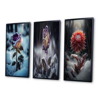" A Blooming Purple Rose Flower In Winter " 3 - Pieces