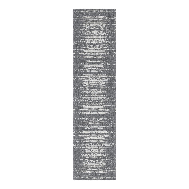 Tapis abstrait gris / ivoire en coton, Tapis de couloir 2 pi x 7 pi 10 po