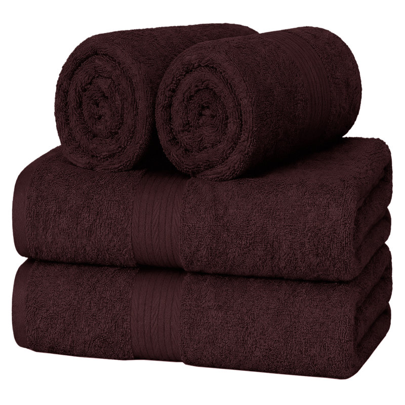 Absorbent and Quick Dry 4 Piece 100% Cotton Hand Towel Set, Brown