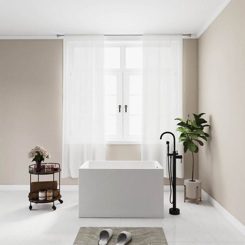 Baignoire autoportante rectangulaire en acrylique blanc brillant de 43 pouces avec piédestal, équipée d'un trop-plein chromé et d'une bonde escamotable