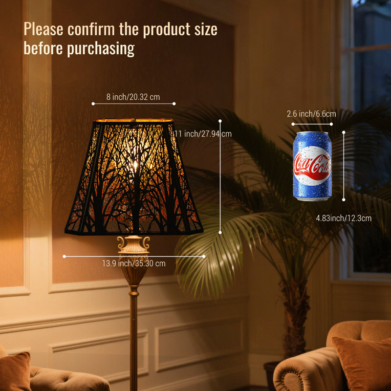 Rectangular palace etching woods Large metal iron cover (black outside and gold inside) Forest Etching Forest Lamp Shade Pattern Fits For Table Lamps And Floor Lamps Spider Fitter (8+6)" Top x (13.8+8)" Bottom x 11" High