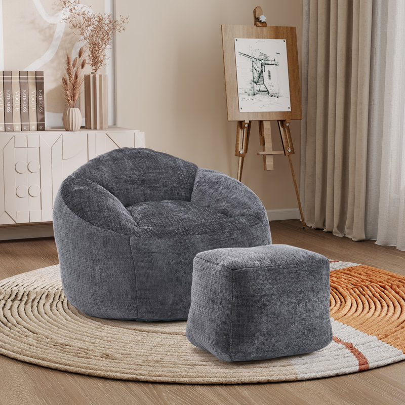 Fauteuil à billes rembourré avec repose-pieds, Chenille noir