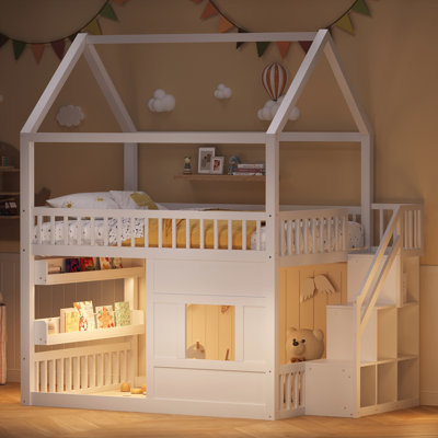 Full size Wooden House Bed with Built-in LED Shelf Light, white