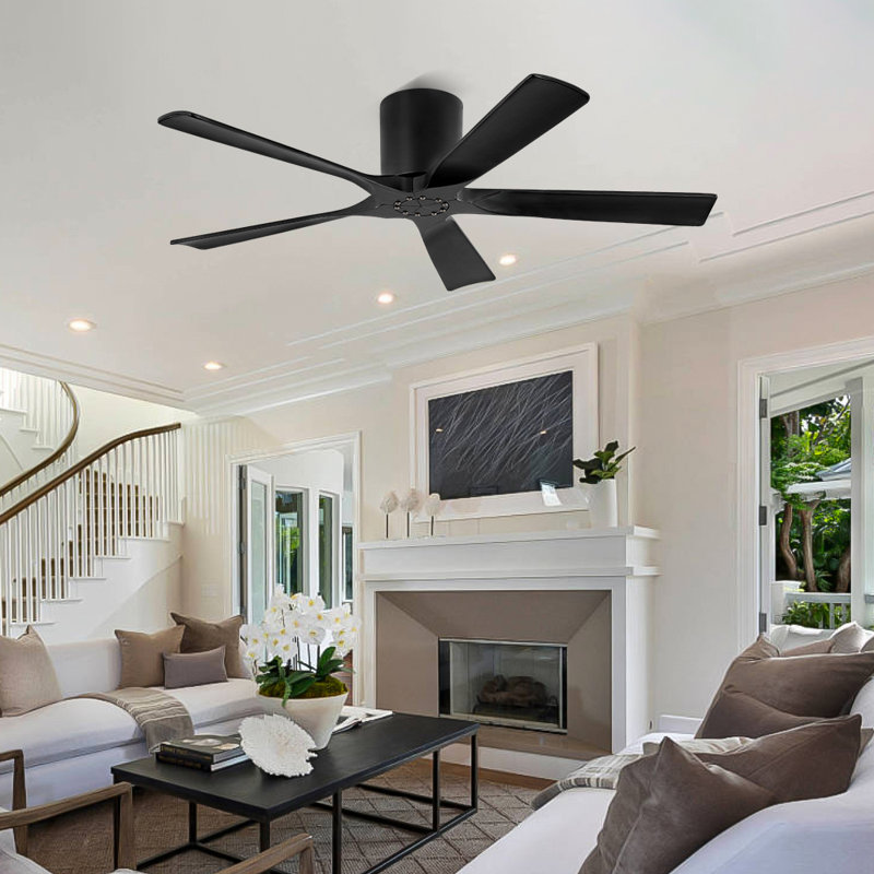52 In. 5 Solid Wood Blades Indoor Flush Mount Ceiling Fan Without Light, Black with Black Blades