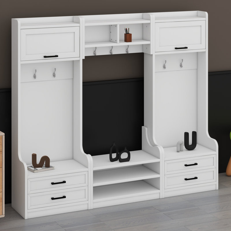 Portemanteau amovible 4-en-1 avec rangement et crochets, portemanteau multifonctionnel avec tiroirs et armoire de rangement, banc à chaussures pour le vestibule