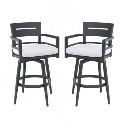 Modern Outdoor 2-Piece Swivel Bar Chairs – Aluminum Frame With Ember Black, 360° Swivel, Ergonomic Backrest & Armrests, Tapered Legs, Sunbrella Cushio by Corrigan Studio