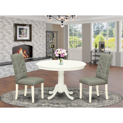 3 Piece Kitchen Table & Chairs Set Contains a Round Dining Room Table with Pedestal and 2 Gray Linen Fabric Parsons Dining Chairs, Linen White
