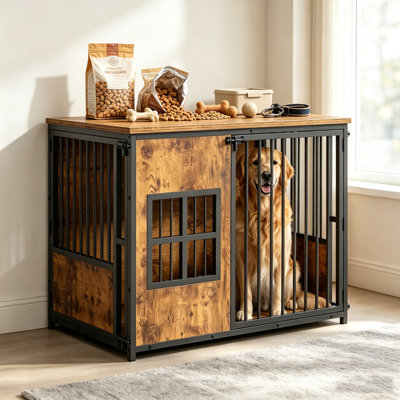 Cage pour chien en bois et métal avec fenêtre d'aération, niche intérieure robuste avec plateau pratique, cage pour grands chiens