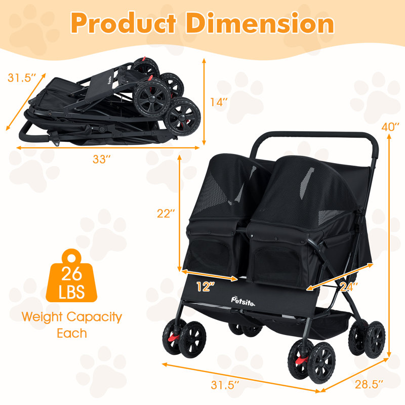 Poussette double pour animal de compagnie avec coussin amovible ajustable pour parasol 2 places, Noir