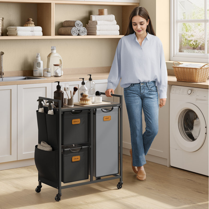Panier à linge avec 3 compartiments, 26,4 gallons (100 L), trieur de linge, chariot à linge roulant avec tablettes, petites poches latérales, 6 étiquettes, brun châtaignier
