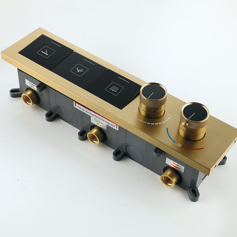 3 systèmes de douche thermostatiques fonctionnels avec boutons-poussoirs, Or brossé