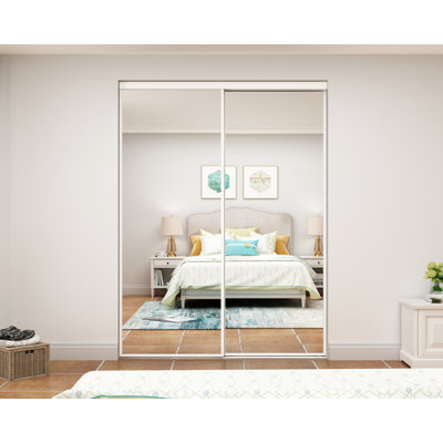 Mirror White Steel Frame Interior Closet Sliding Door with White Trim and Hardware Kit