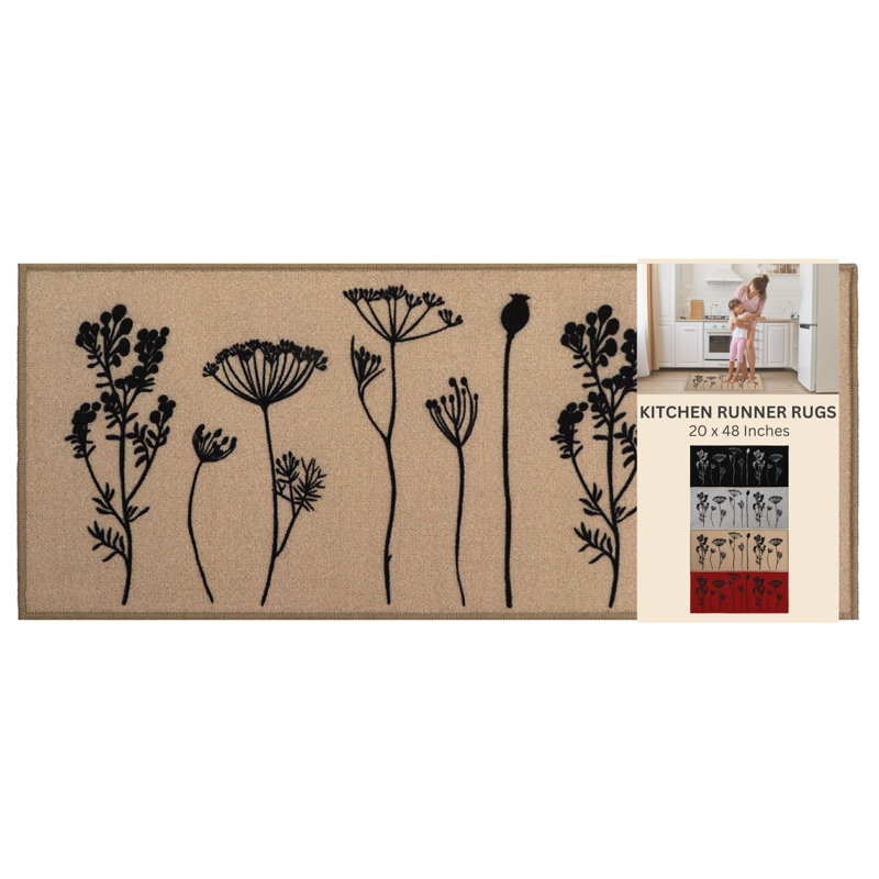 Wildflowers Long Runner Kitchen Mat, Tan/Black